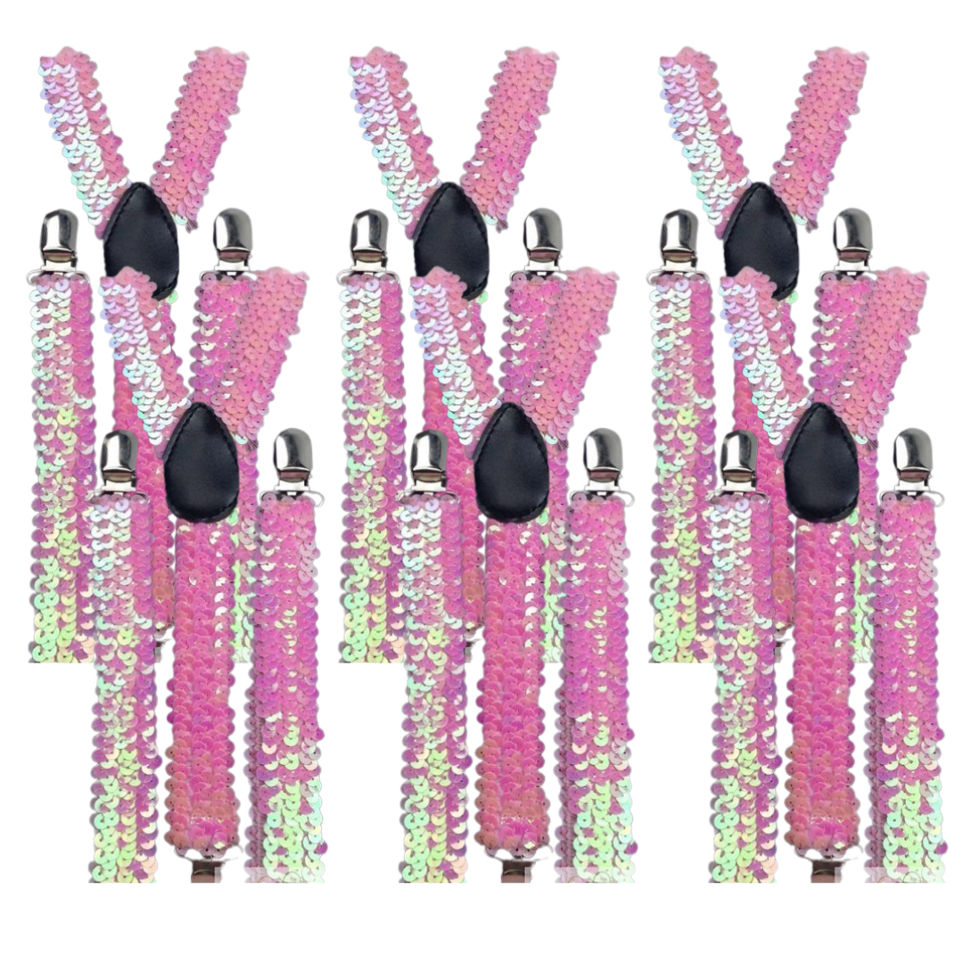 6x Mens Suspenders Braces Adjustable Strong Clip On Elastic Formal Wedding BULK - Light Pink (Sequin)