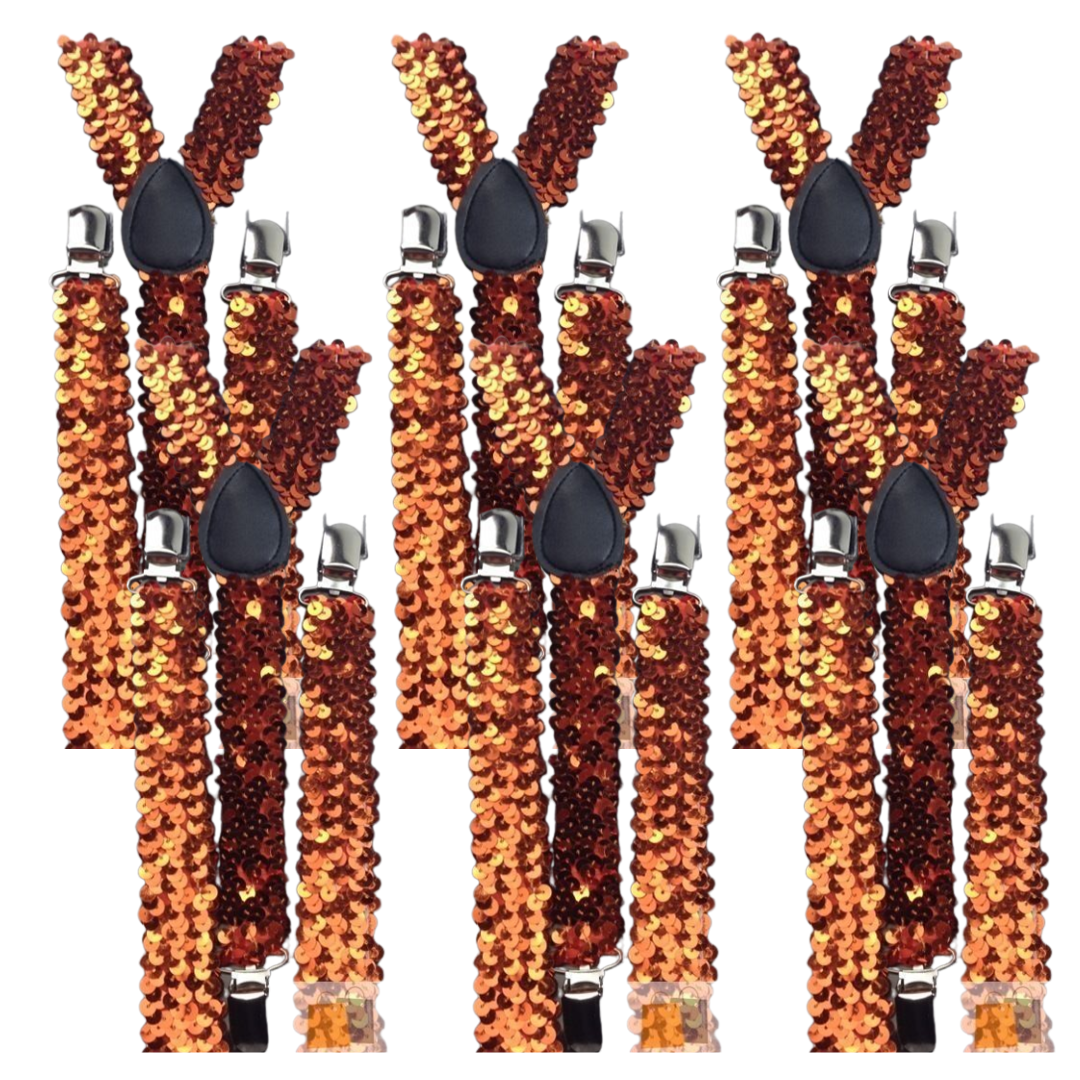 6x Mens Suspenders Braces Adjustable Strong Clip On Elastic Formal Wedding BULK - Orange (Sequin)