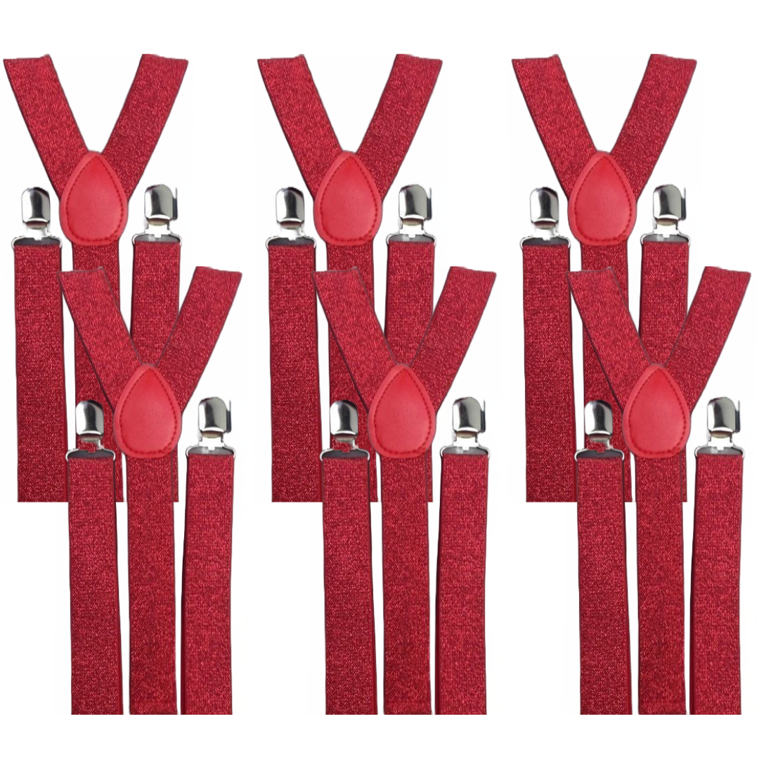 6x Mens Suspenders Braces Adjustable Strong Clip On Elastic Formal Wedding BULK - Red (Glitter)