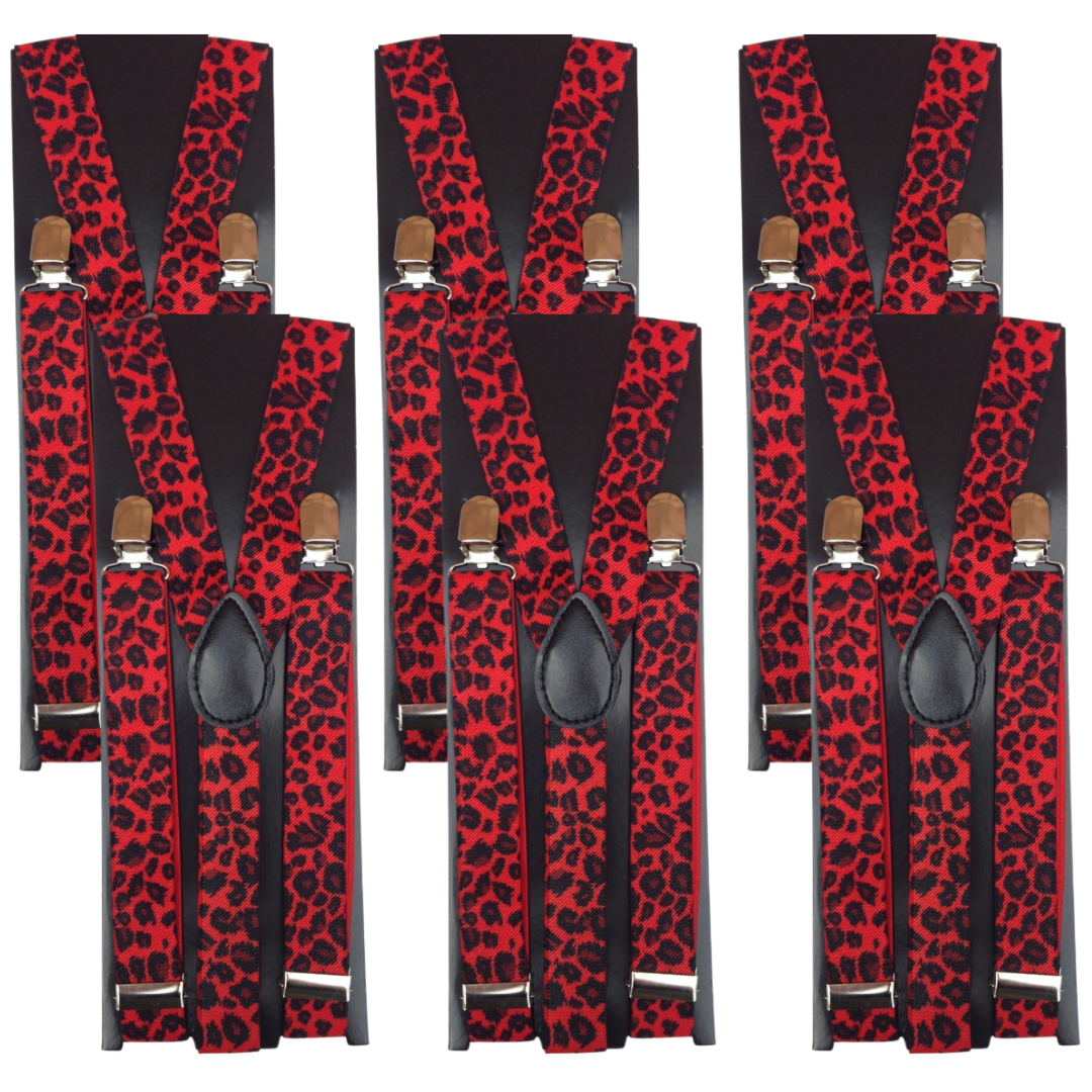 6x Mens Suspenders Braces Adjustable Strong Clip On Elastic Formal Wedding BULK - Red Leopard