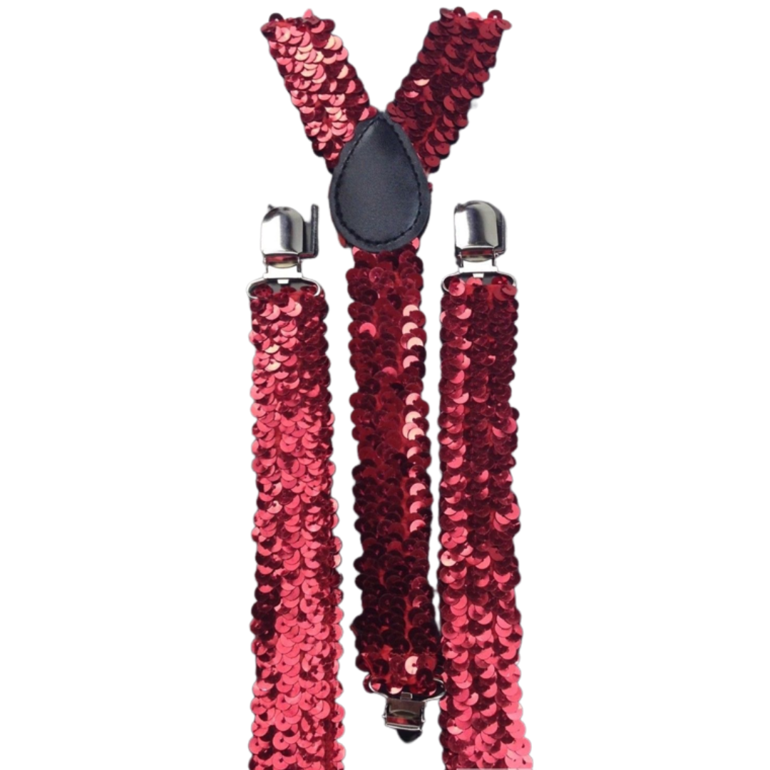 6x Mens Suspenders Braces Adjustable Strong Clip On Elastic Formal Wedding BULK - Red (Sequin)