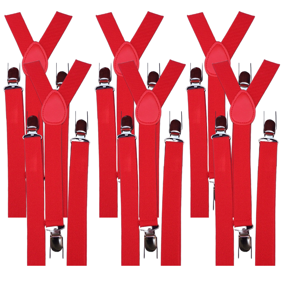 6x Mens Suspenders Braces Adjustable Strong Clip On Elastic Formal Wedding BULK - Red