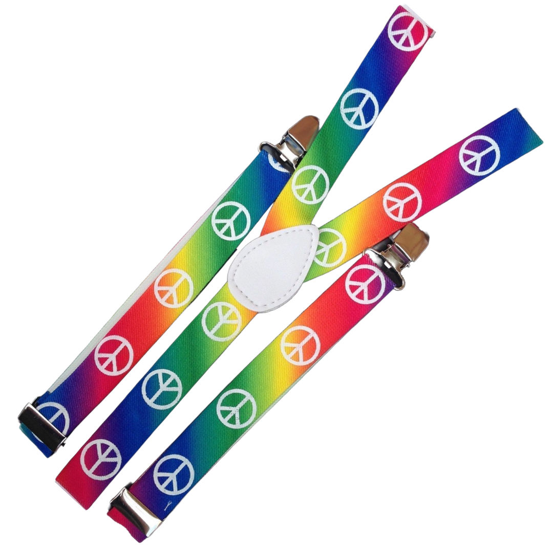 6x Mens Suspenders Braces Adjustable Strong Clip On Elastic Formal Wedding BULK - Rainbow with Peace Symbol