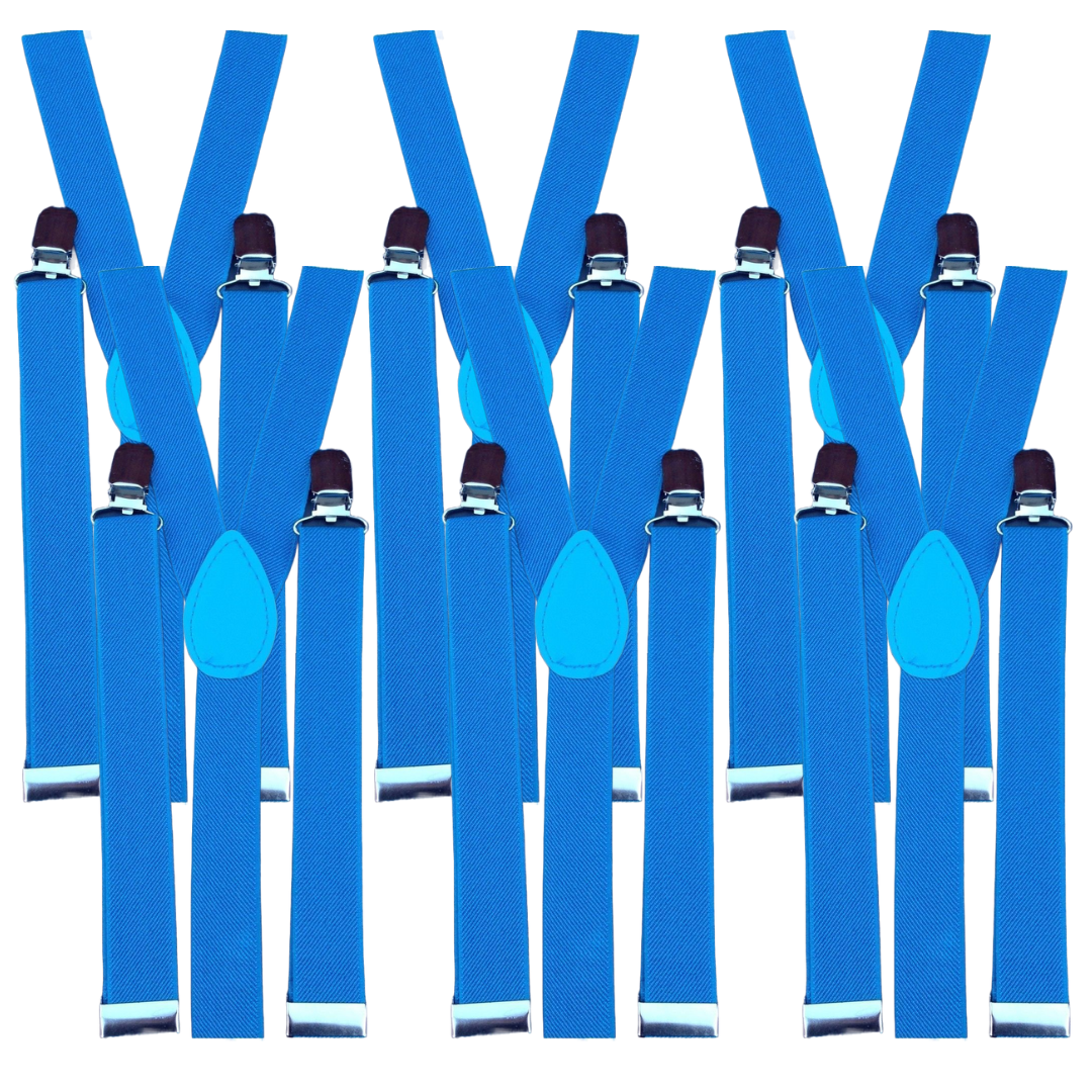 6x Mens Suspenders Braces Adjustable Strong Clip On Elastic Formal Wedding BULK - Sky Blue