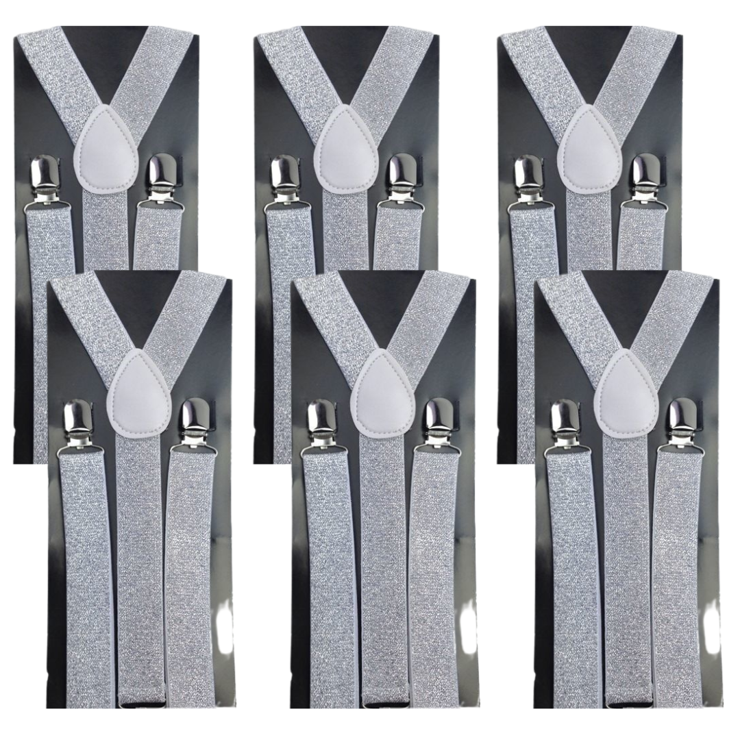 6x Mens Suspenders Braces Adjustable Strong Clip On Elastic Formal Wedding BULK - White (Glitter)