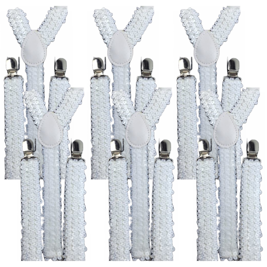 6x Mens Suspenders Braces Adjustable Strong Clip On Elastic Formal Wedding BULK - White (Sequin)