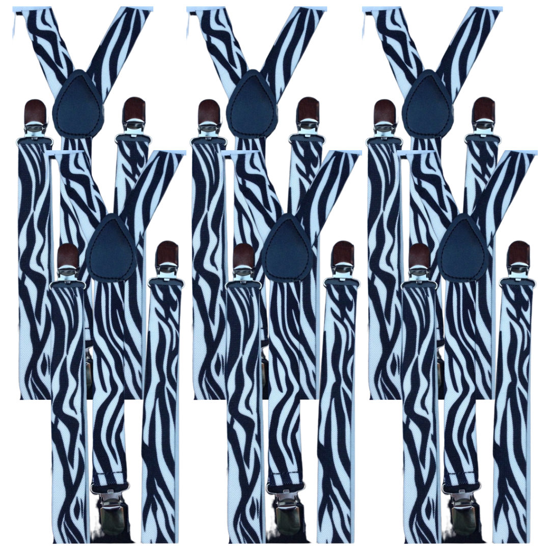 6x Mens Suspenders Braces Adjustable Strong Clip On Elastic Formal Wedding BULK - Zebra