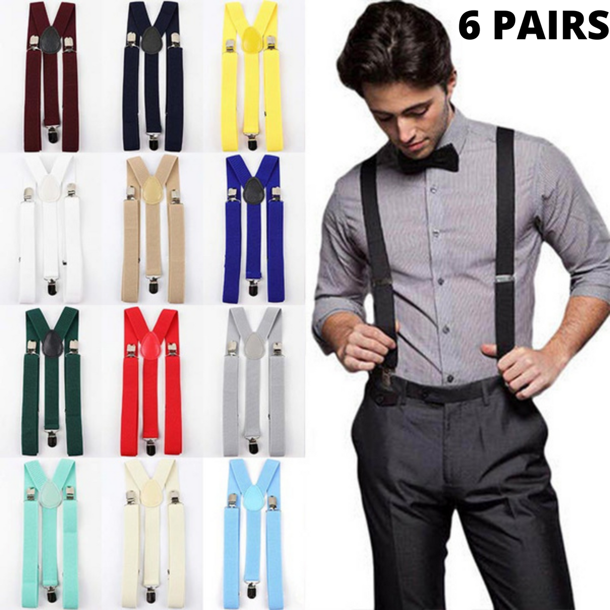 6x Mens Suspenders Braces Adjustable Strong Clip On Elastic Formal Wedding BULK - Yellow