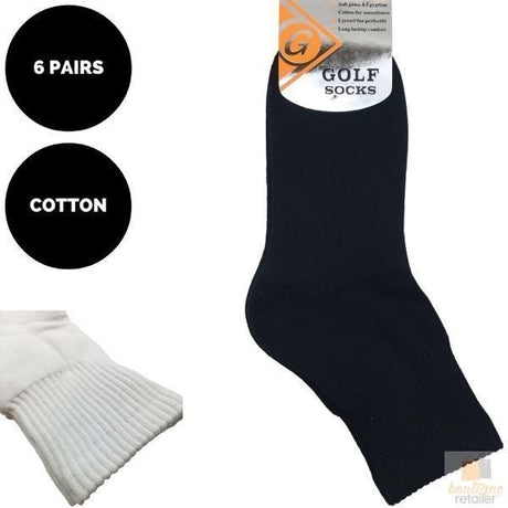 6 Pairs GOLF SOCKS Crew Quarter Plain Sports Cotton Casual Cushion Foot BULK - Black 6-11