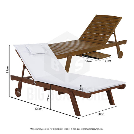 HORTIKRAFT Outdoor Sun Lounge with Cushion Wheels Beach Chairs Wooden Adjustable