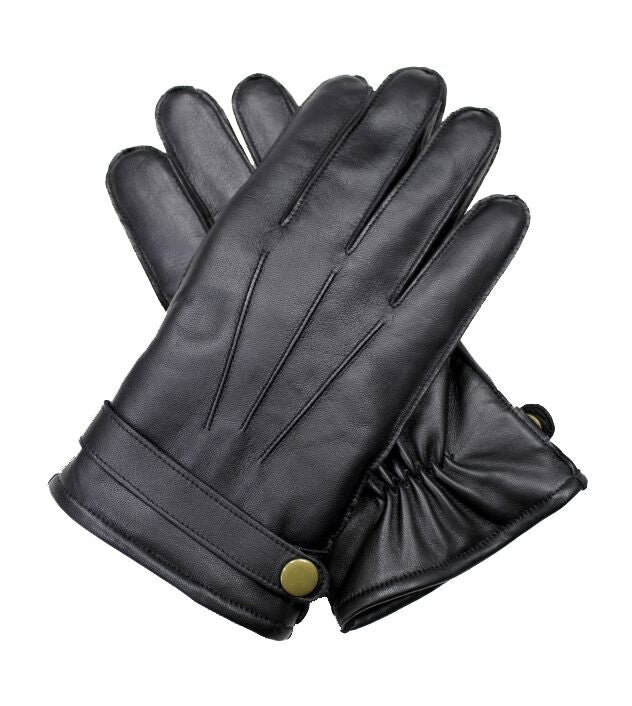 Dents Mens Wool Knit Lined Leather Gloves with Strap and Stud Warm Winter - Black