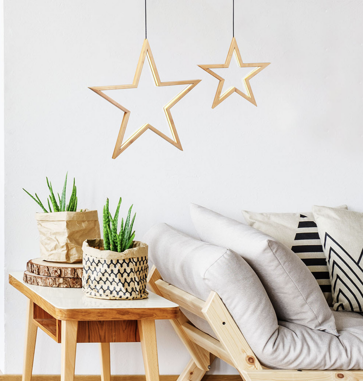 2x Small Bamboo Star LED Hanging Lamp Natural Home Decor Lighting  - Natural