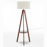 Natural Wooden Tripod Floor Lamp w/ Round Shelf + Off White Linen Shade - Cherry