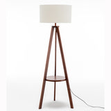 Natural Wooden Tripod Floor Lamp w/ Round Shelf + Off White Linen Shade - Cherry