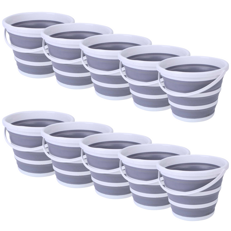 10x 10L Foldable Collapsible Bucket Silicone Hike/Camp/Fish Bulk - Grey/White