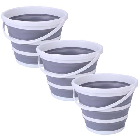 3x 10L Foldable Collapsible Bucket Silicone Hiking/Camping/Fishing - Grey/White