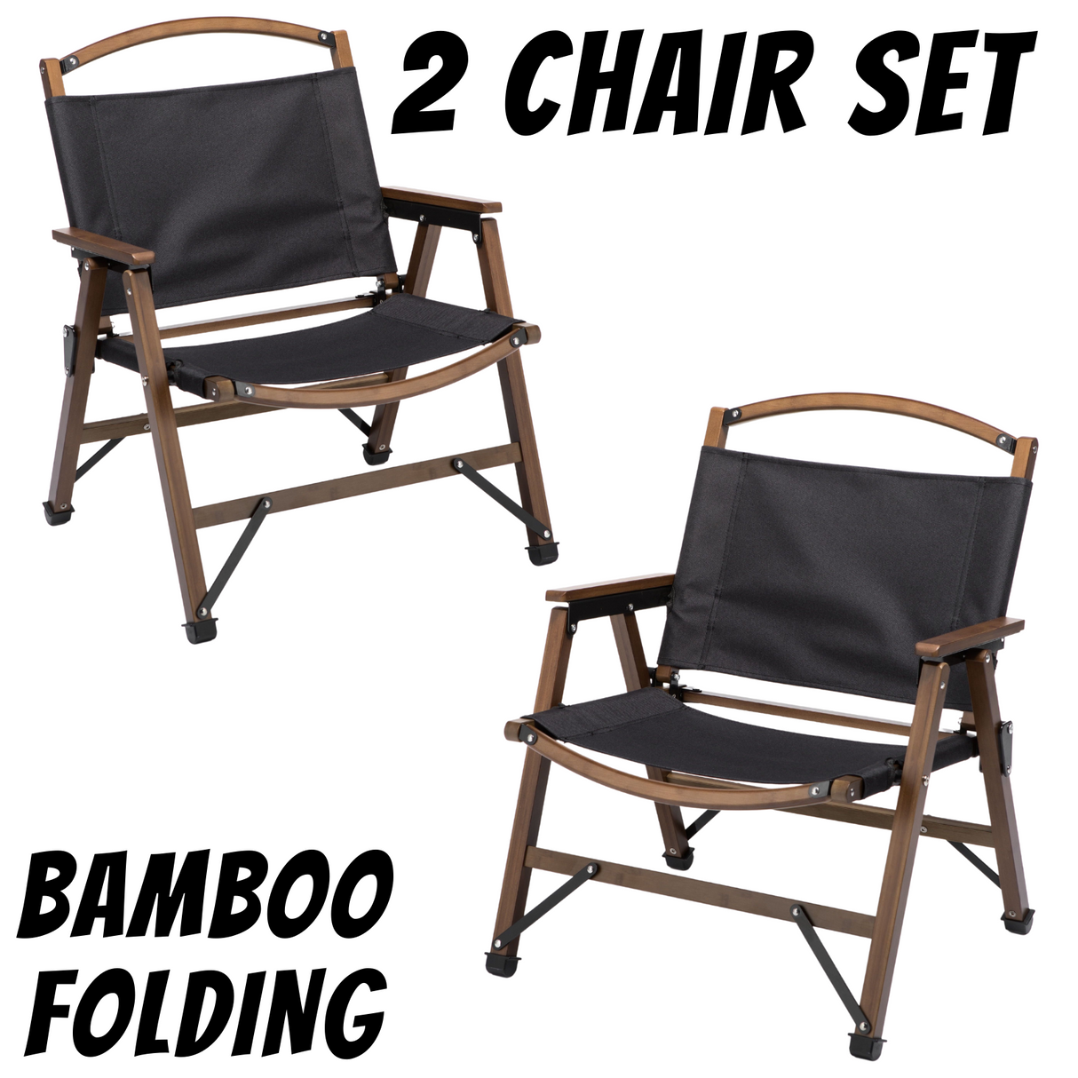 2x Bamboo Canvas Foldable Outdoor Camping Chair Wooden Travel Picnic Park - Black