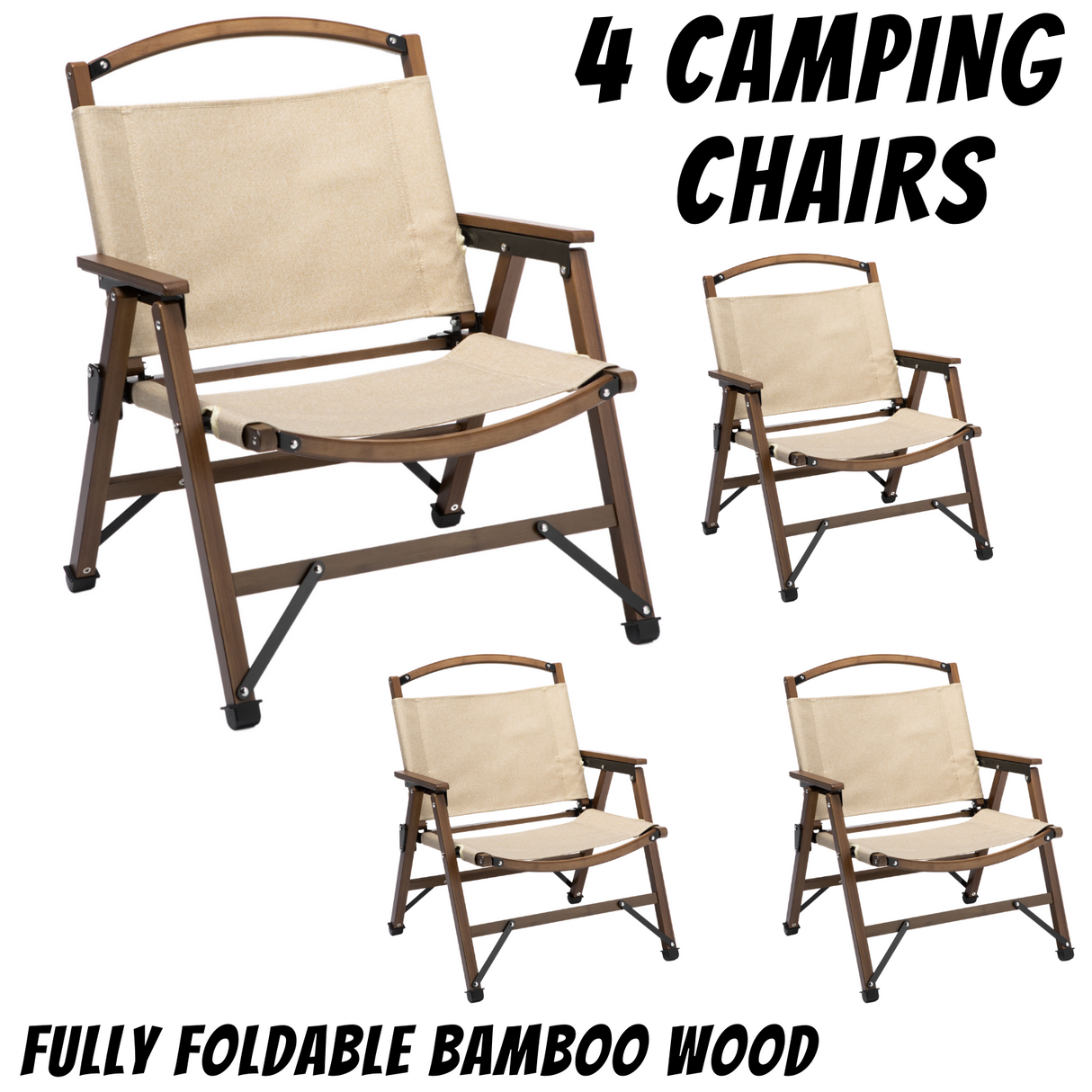 4x Bamboo Foldable Outdoor Camping Chair Wooden Travel Picnic Park Folding - Khaki/Beige