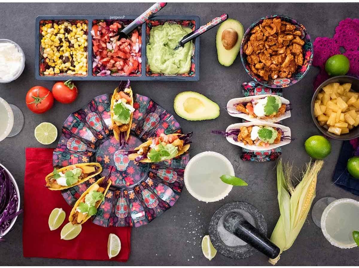 Prepara Taco Holder Carousel Tray, Holds 10 Mexican Tacos, Day of The Dead