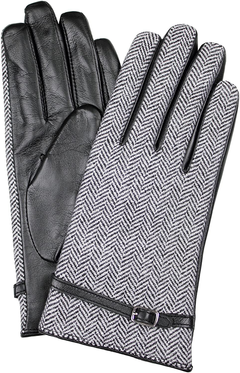 Dents Womens Leather And Wool Tweed Gloves With Strap Detailing - Black/Tweed