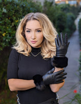 Dents Womens Maria Sheepskin Leather Faux Fur Cuff Gloves - Black