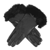 Dents Womens Maria Sheepskin Leather Faux Fur Cuff Gloves - Black