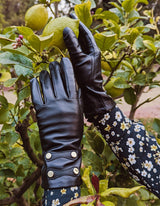 Dents Womens Leather Gloves with Gold Buttons - Black