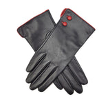 Dents Leather Gloves with Buttons & Piping in Black/Red