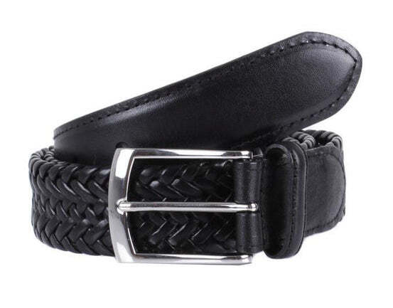 Dents Mens Stretch Plaited Leather Belt - Black/Black