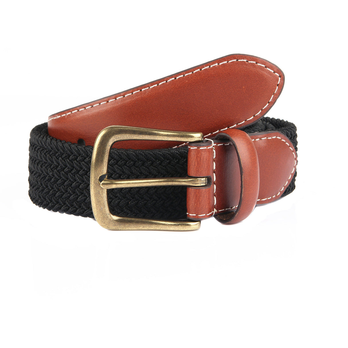 Dents Mens Elastic Stretch Belt Leather End Webbing - Black/Cognac