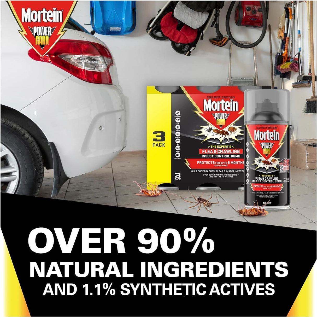 Mortein Powergard Indoor Pest Control Spray, 90% Natural, 9-Month Protection, 450g Total (3x150g)