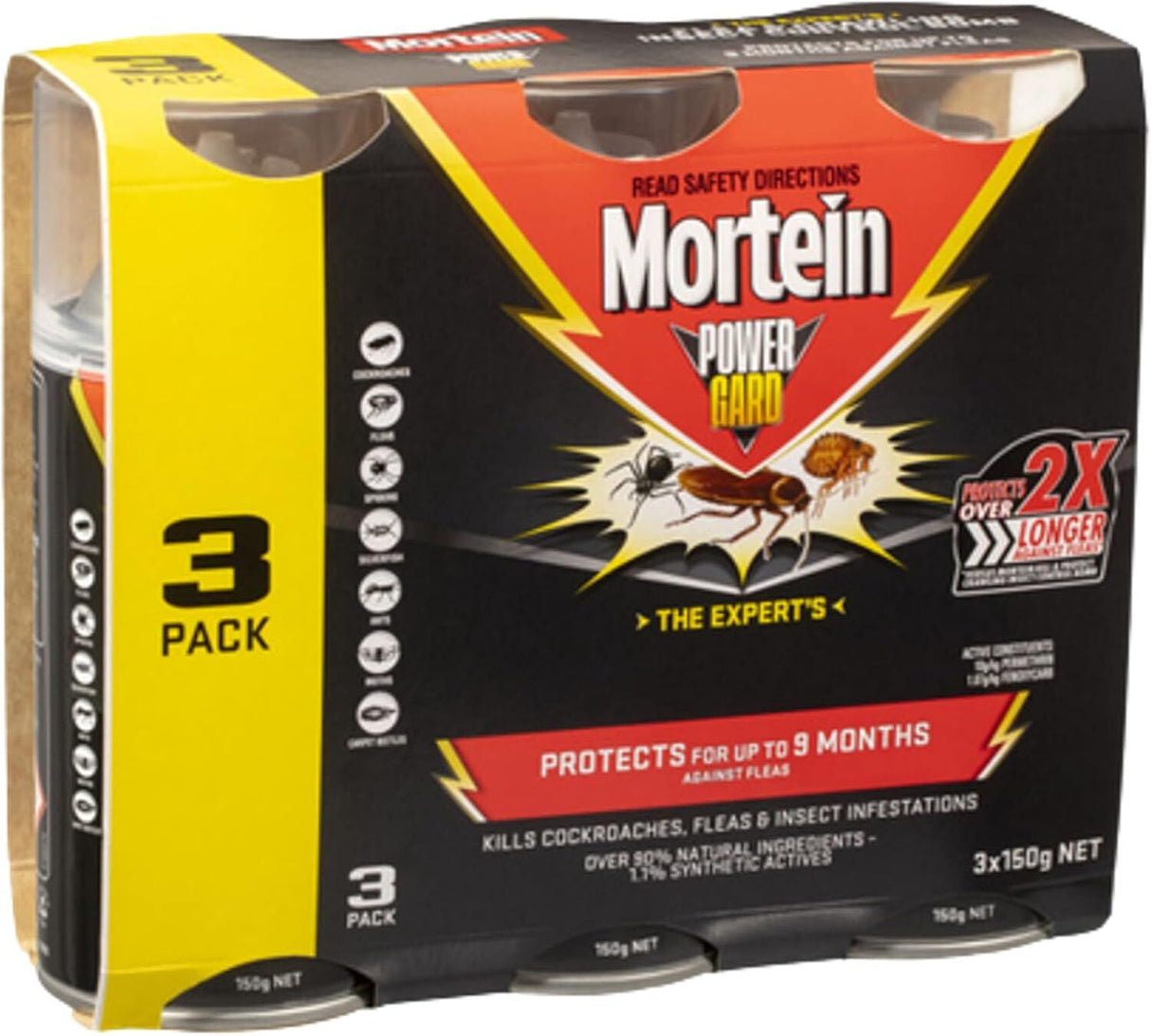 Mortein Powergard Indoor Pest Control Spray, 90% Natural, 9-Month Protection, 450g Total (3x150g)