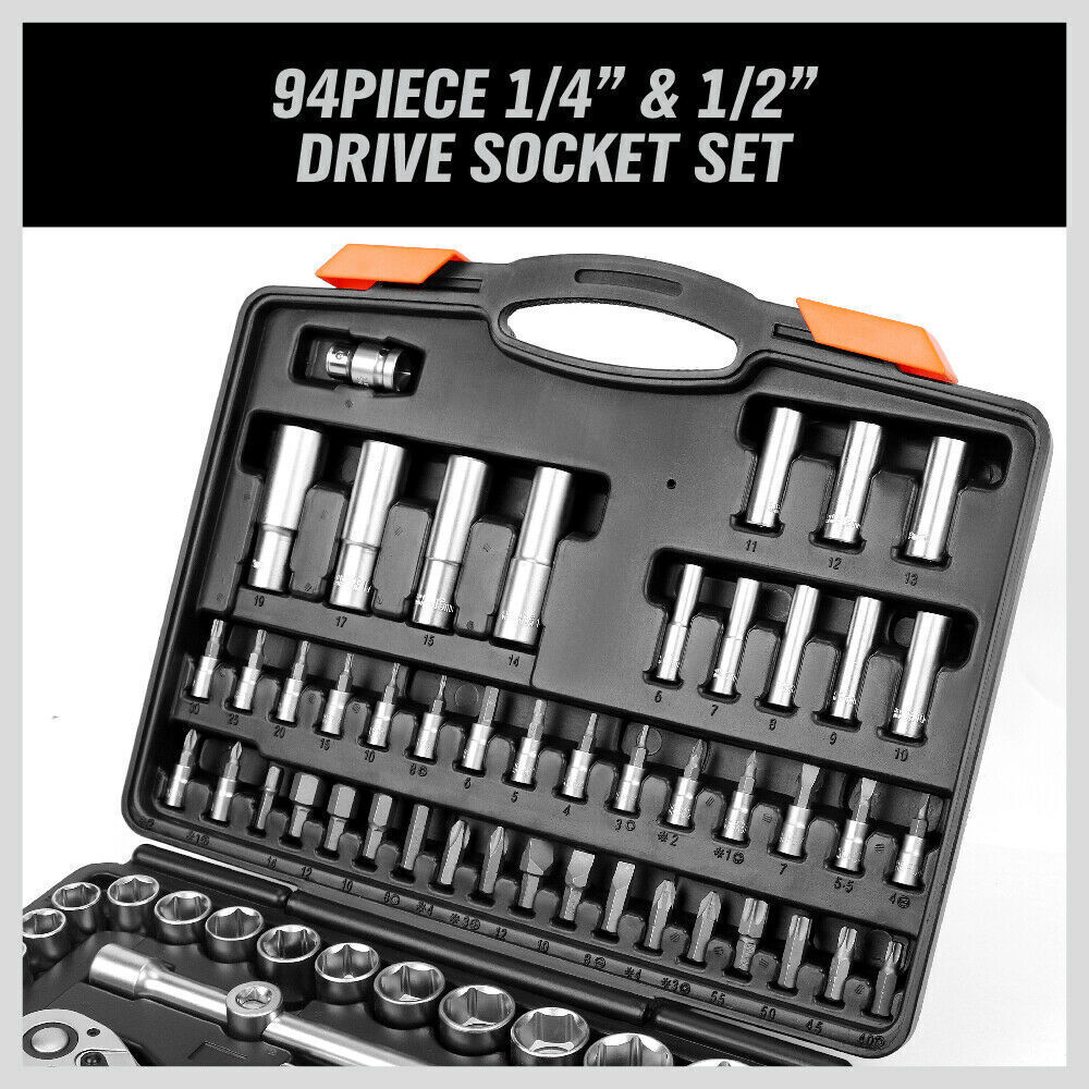 94 Piece Ratchet Socket Wrench Set Screwdriver Bits Extension Hex 1/4" 1/2"