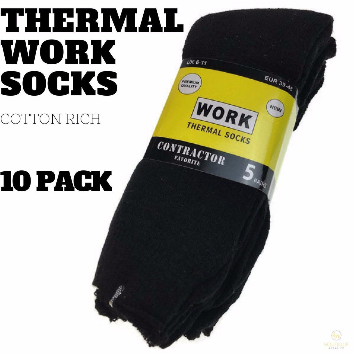 10 Pairs THERMAL WORK SOCKS Boot Thick Outdoor Heavy Duty Cotton Tradie BULK - Black - 6-11