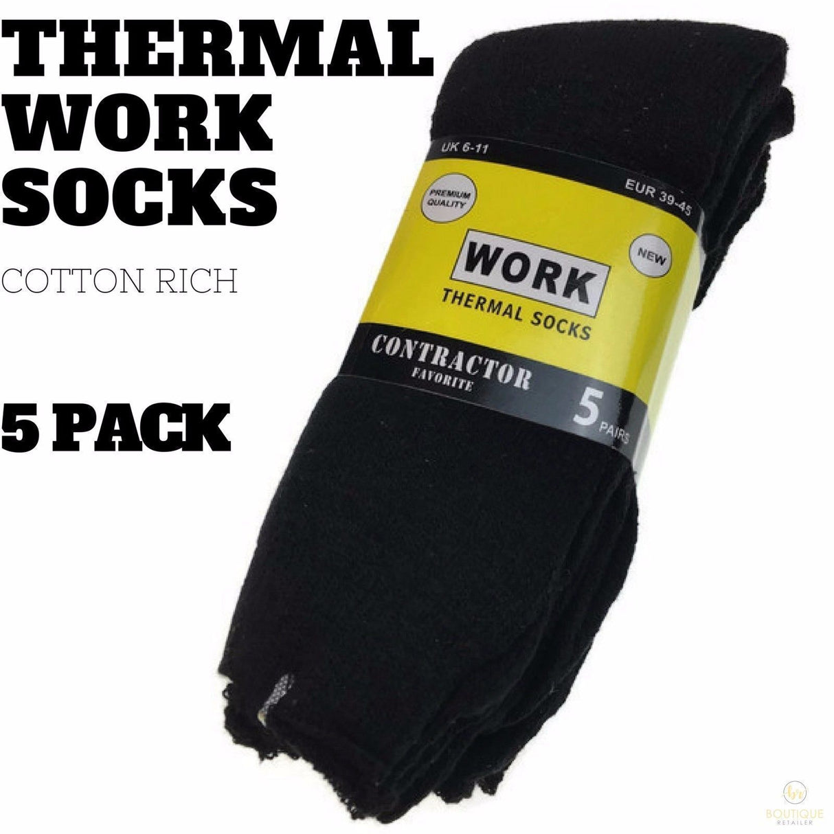 5 Pairs THERMAL WORK SOCKS Boot Thick Outdoor Warm Heavy Duty Cotton Tradie BULK - Black - 6-11