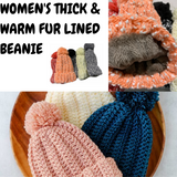 Womens Thick Knit Beanie Winter Fleece Lined Hat Warm Faux Fur Pom Pom Ski