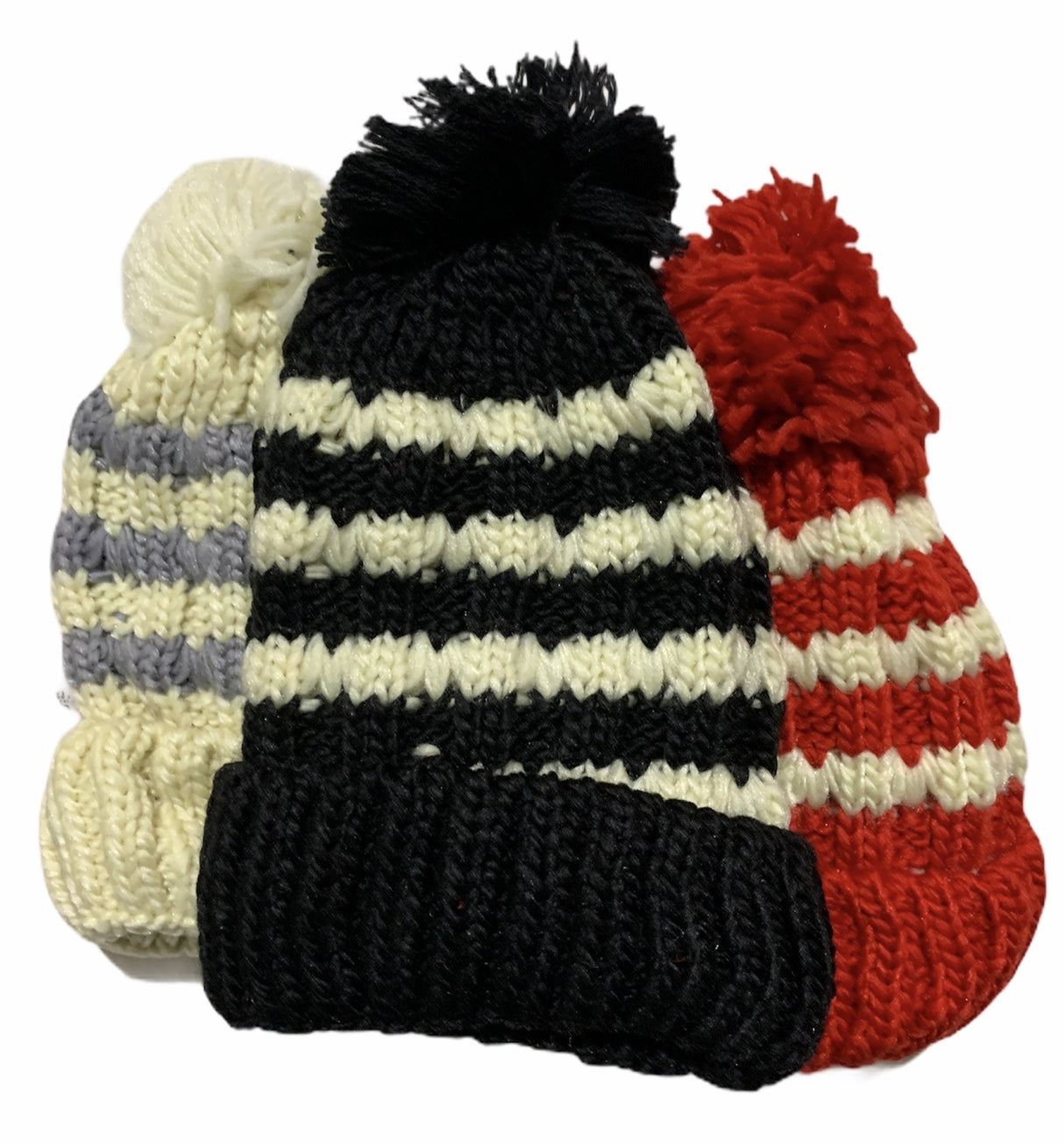 Womens Thick Knit Beanie Winter Fleece Lined Hat Warm Faux Fur Pom Striped Ski