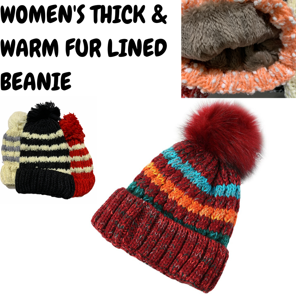 Womens Thick Knit Beanie Winter Fleece Lined Hat Warm Faux Fur Pom Striped Ski