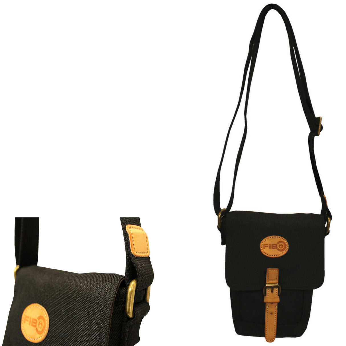 FIB Water Resistant Small Shoulder Canvas Bag w Adjustable Shoulder Strap - Black