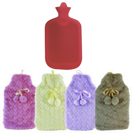 2L HOT WATER BOTTLE with Hearts Fleece Cover Winter Warm Natural Rubber Bag