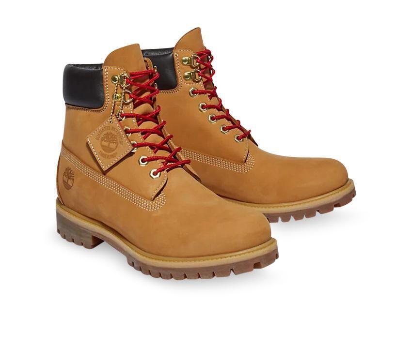 Timberland Mens 6 Inch Premium Luxe D-Rings Leather Boot - Wheat Nubuck w/ Red