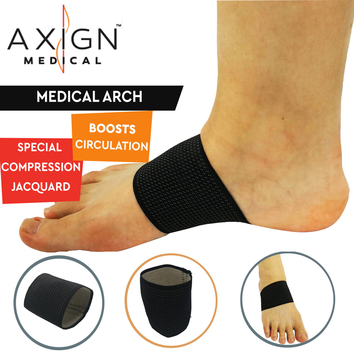 1 Pair AXIGN Medical Arch Compression Foot Band - Black