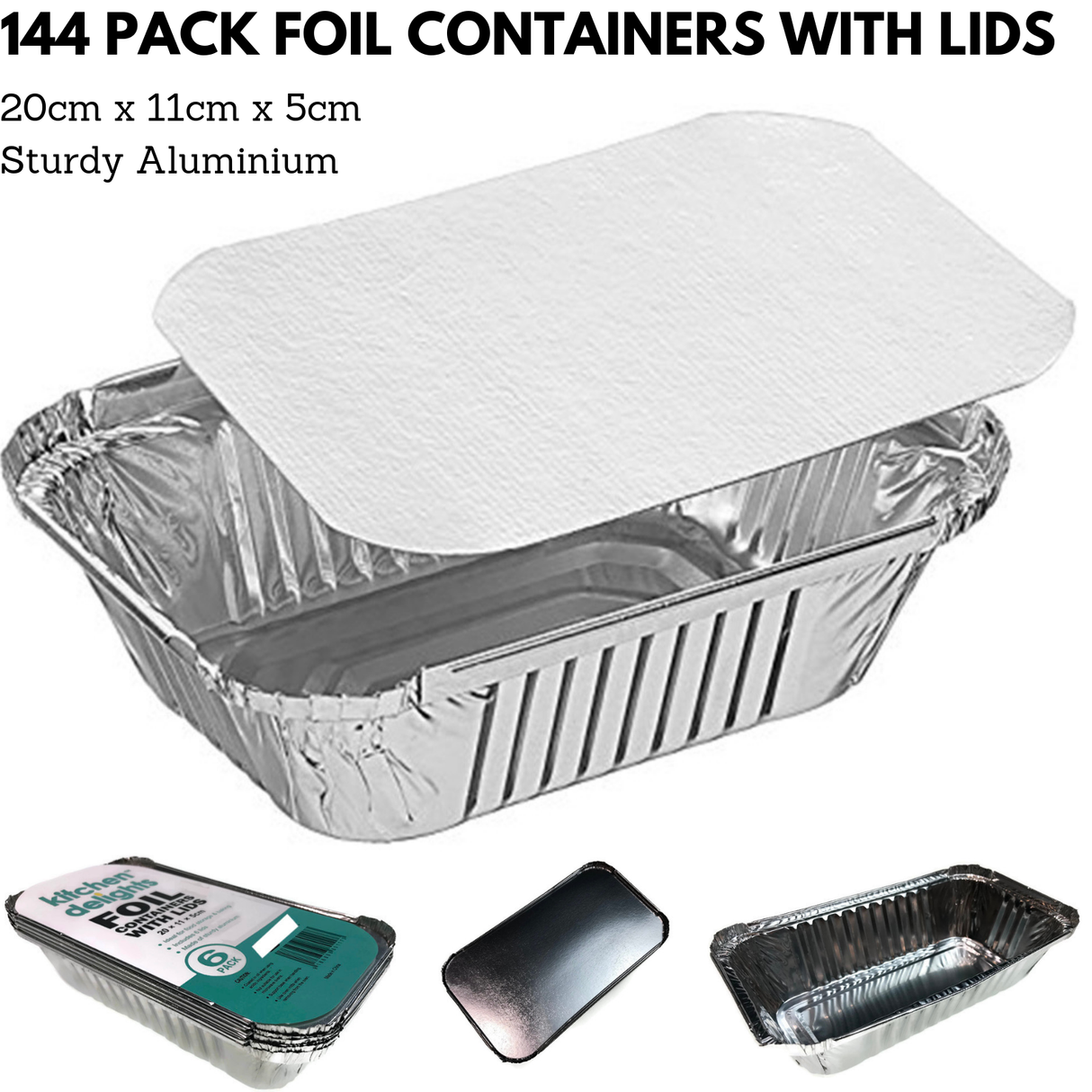 144x ALUMINIUM FOIL CONTAINERS WITH LIDS Large Tray BBQ Takeaway Roasting 20cm*11cm*5cm