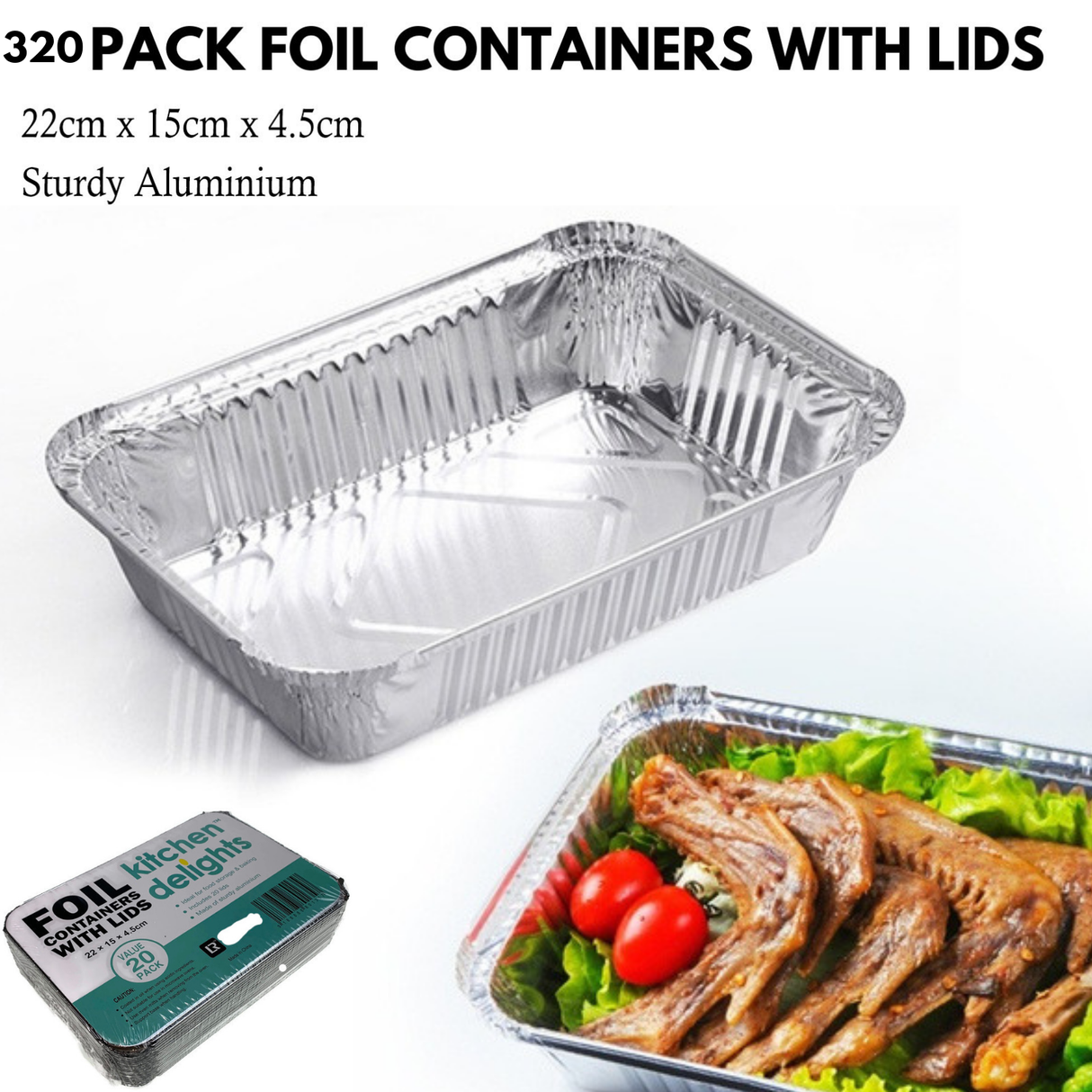 320x ALUMINIUM FOIL CONTAINERS WITH LIDS Large Tray BBQ Takeaway Roasting 22cm*15cmx*4.5cm