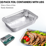 20x ALUMINIUM FOIL CONTAINERS WITH LIDS Large Tray BBQ Takeaway Roasting 22cm*15cmx*4.5cm