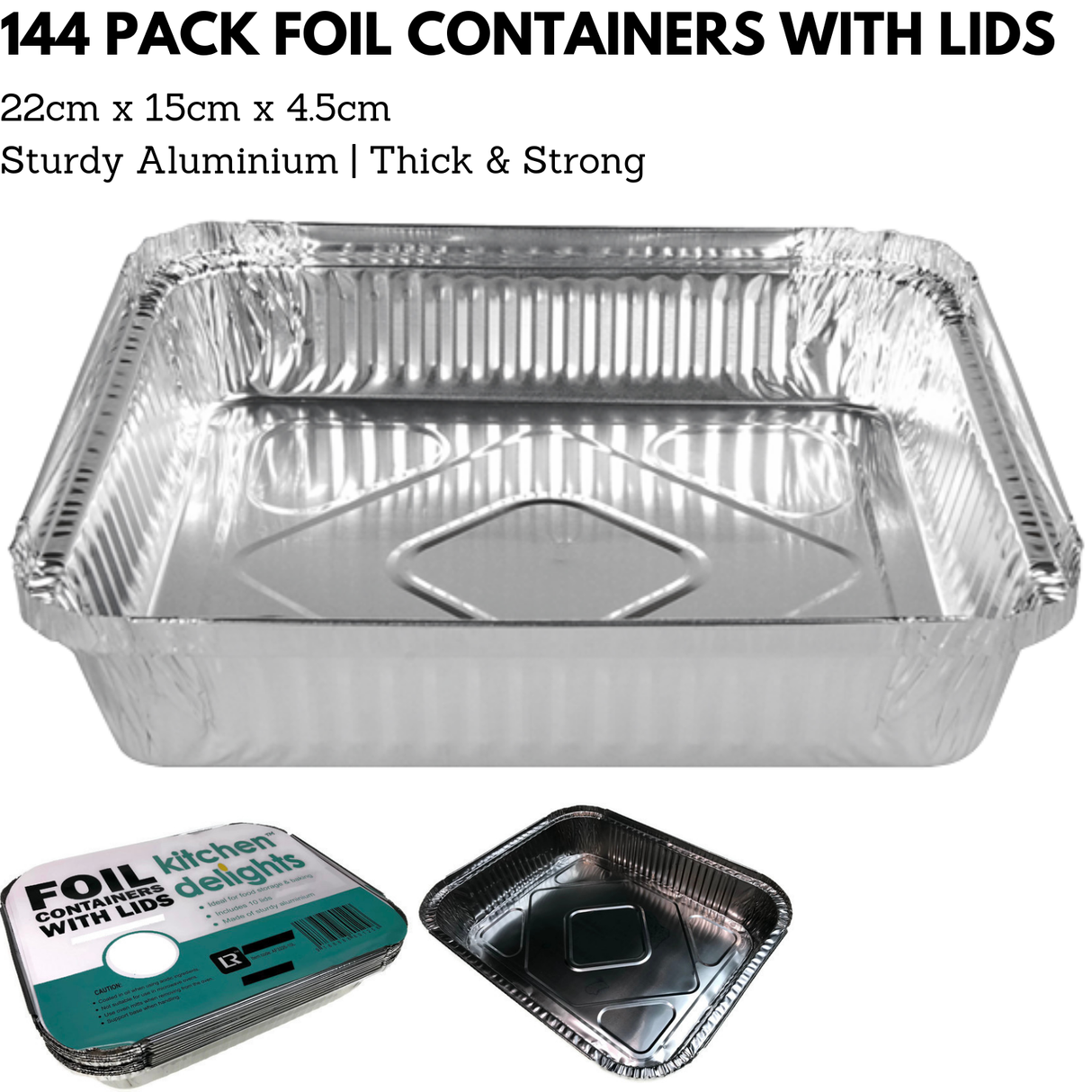 144x ALUMINIUM FOIL CONTAINERS WITH LIDS Large Tray BBQ Takeaway Roasting 22cm*15cm*4.5cm