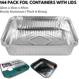 144x ALUMINIUM FOIL CONTAINERS WITH LIDS Large Tray BBQ Takeaway Roasting 22cm*15cm*4.5cm