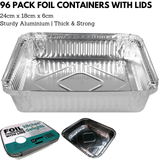 96x ALUMINIUM FOIL CONTAINERS WITH LIDS Large Tray BBQ Roasting Dish 24cm*18cm*6cm