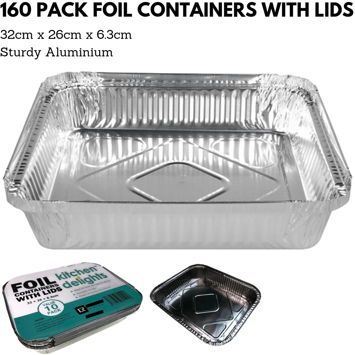 160x ALUMINIUM FOIL CONTAINERS WITH LIDS Large Tray BBQ Roasting Dish Takeaway 32cm*26cm*6.3cm