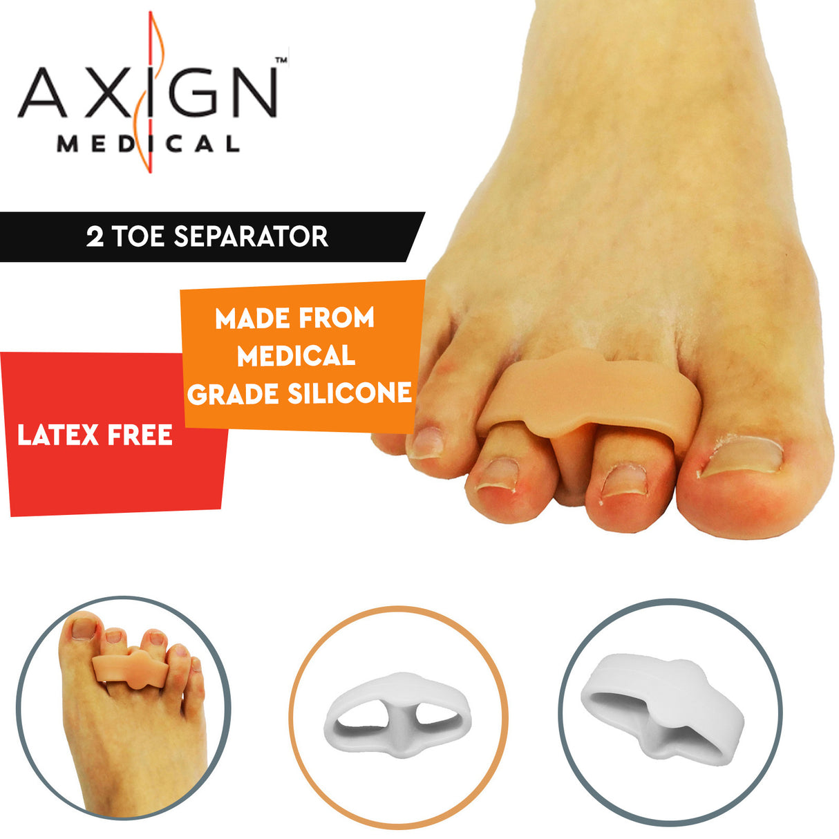 Axign 2 Toe Separator Silicone Bunion Spacer for Plantar Fasciitis - 1 Pair